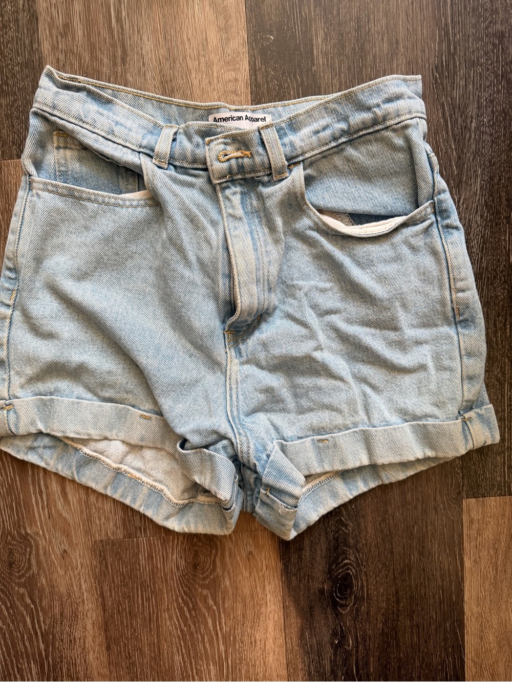 American Apparel Light Blue High-Rise Rolled Hem Denim Shorts